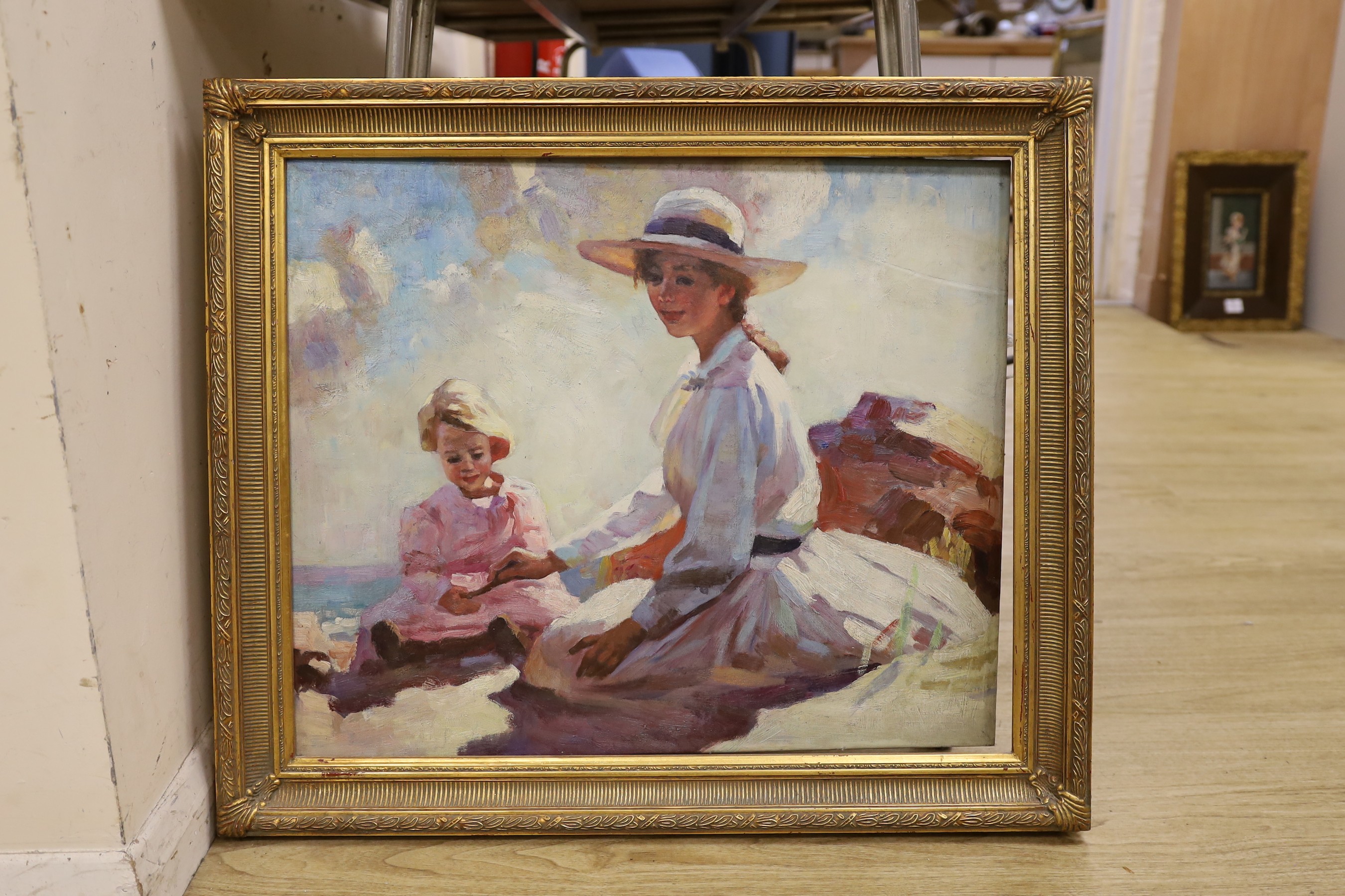 After Dame Laura Knight, oil on board, mother and daughter, 51x61cm